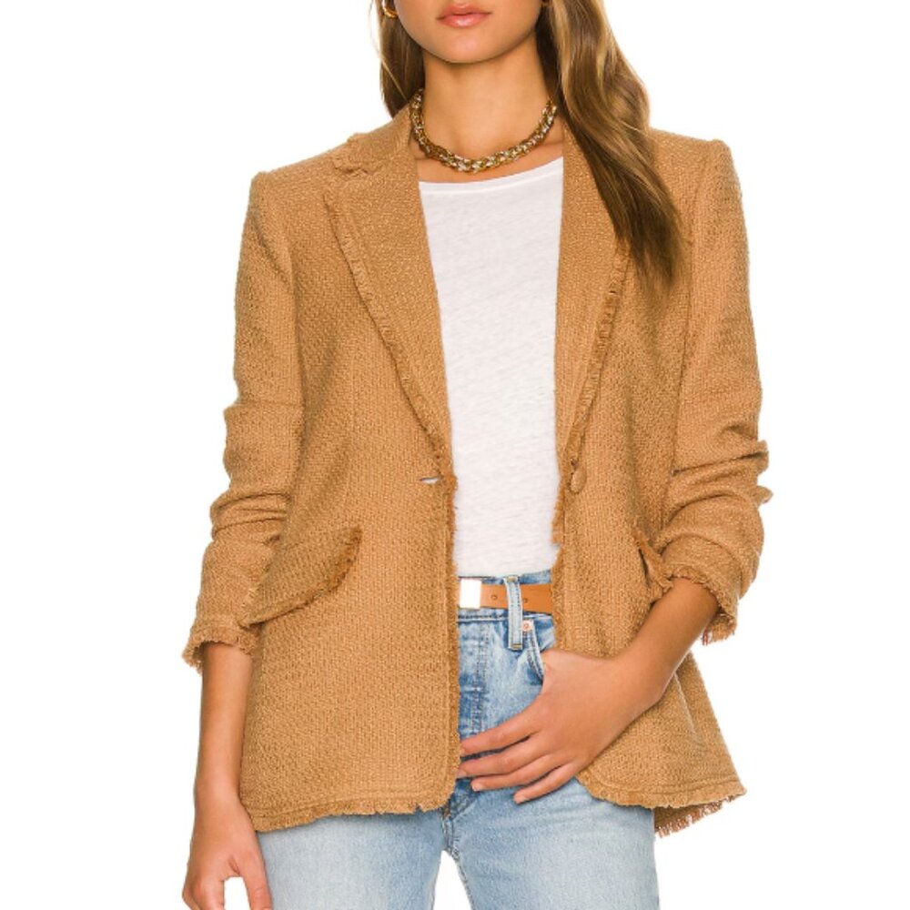 Cinq à Sept 'Khloe' Fringe-Trim Tweed Boucle Blazer, Sahara Tan